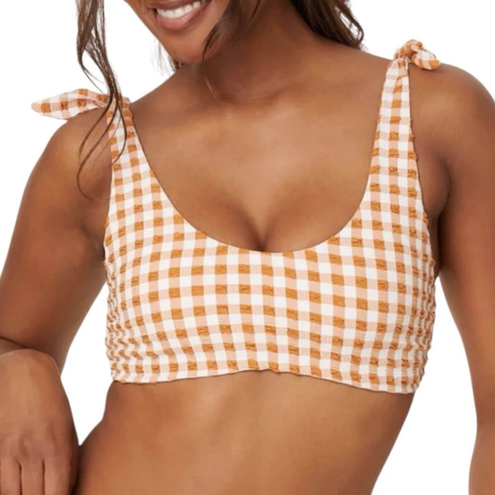 Andie Sparrow Brown Gingham Mandalay Shoulder Tie Bikini Top Sz M NWT